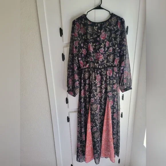 Anthropologie LAIA Ines Maxi Dress Black Floral Pleated Flare Sheath Small - Picture 2 of 9